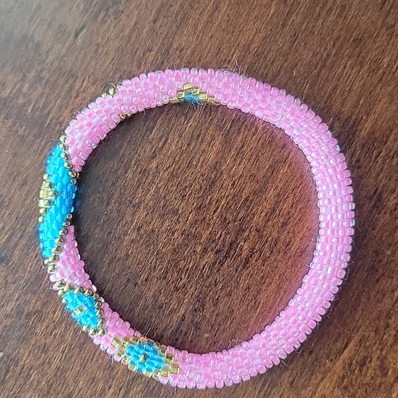 Set of 2 Pink, Blue Pattern Roll Over Handmade Glass Beaded Crochet Bracelet - Picture 2 of 8